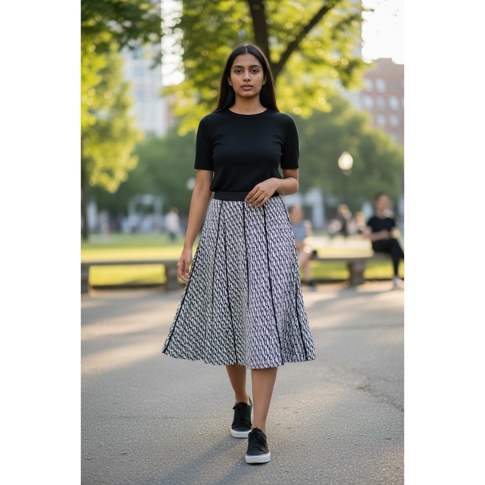 NYCC Pleated Skirt Womens 2X‎ Black White Geometric Elastic Waist Midi slip on